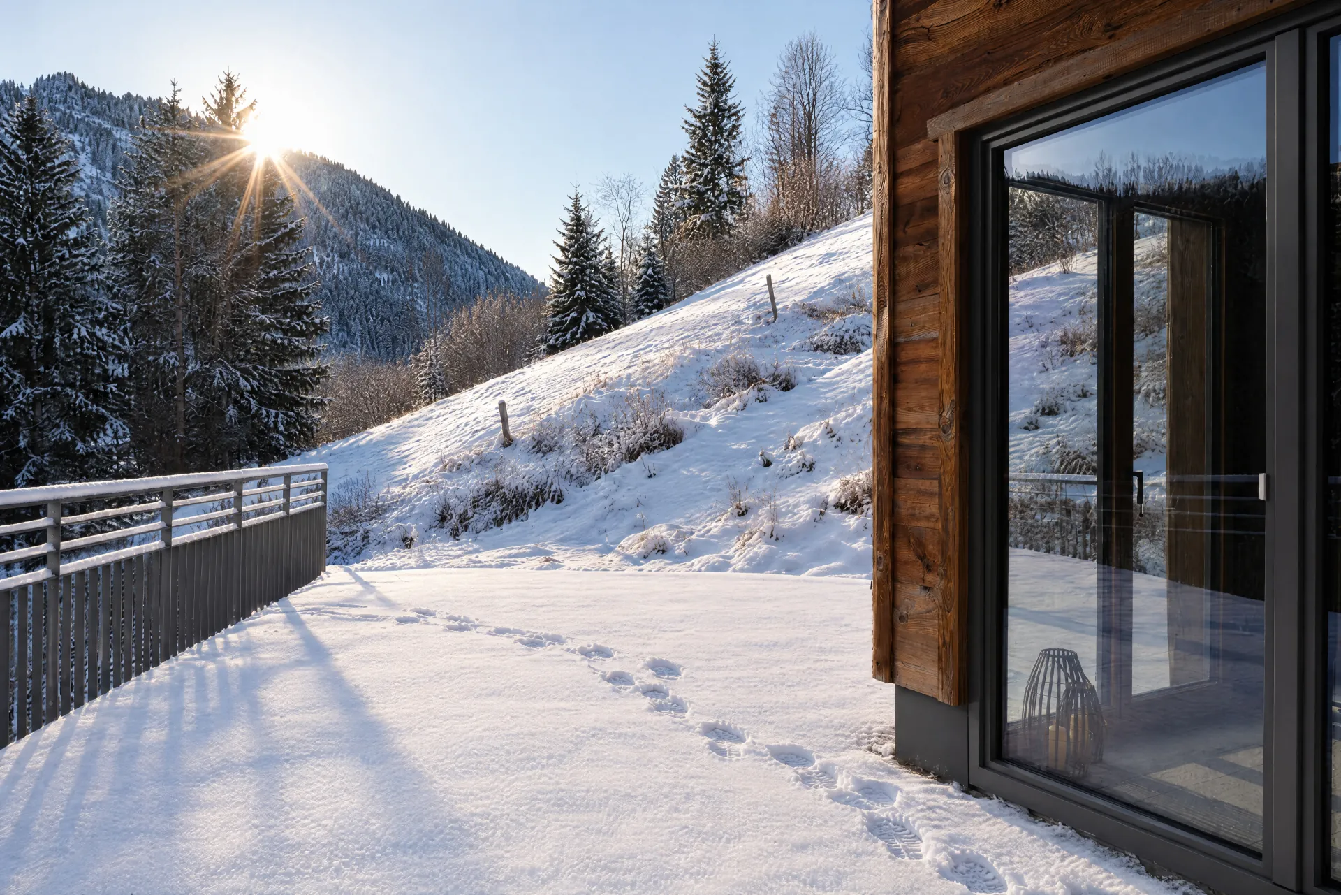 Wintersonne über der verschneiten Terrasse mit Bergblick